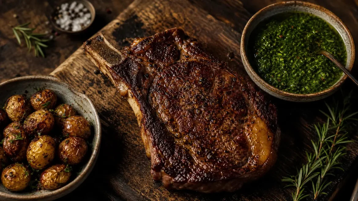 Accompagnement cote de boeuf avec pommes de terre rôties et chimichurri