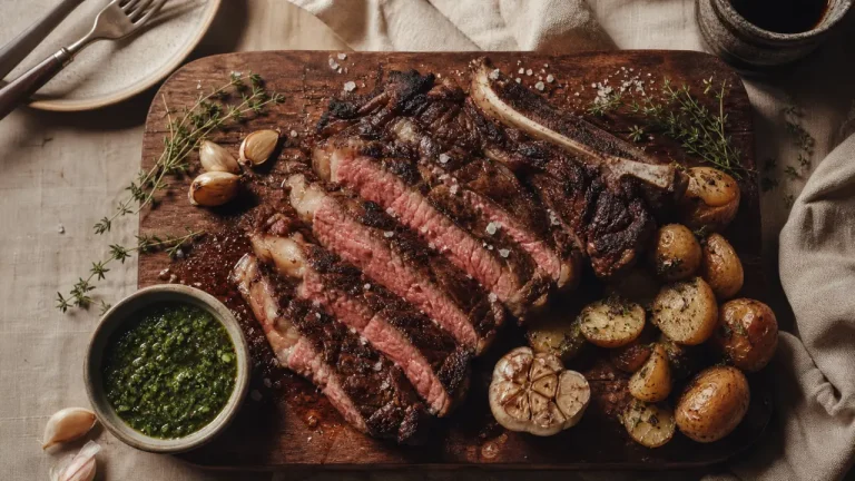 Côte de bœuf : pommes de terre, légumes et sauces pour un accompagnement équilibré Accompagnement cote de boeuf : pommes de terre rôties, légumes et chimichurri