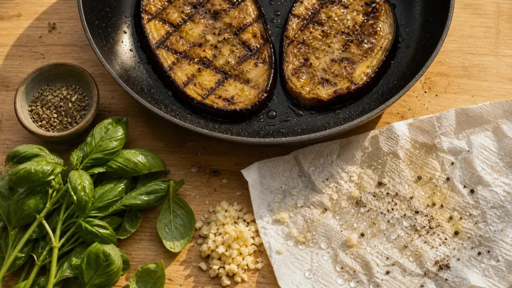 Aubergine fondante à la poêle, tranches quadrillées et huile d’olive