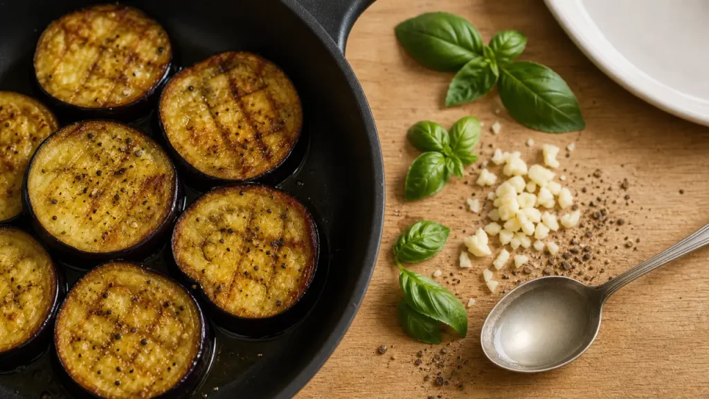 Aubergine fondante à la poêle : tranches quadrillées à l’huile d’olive
