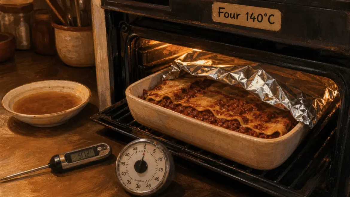 Chauffer un plat au four : la méthode idéale pour préserver saveurs et textures Chauffer un plat au four : lasagnes couvertes de papier aluminium, température 140°C