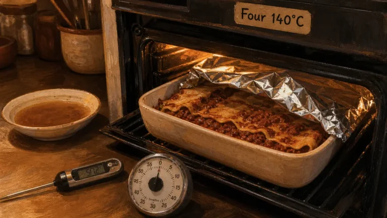 Chauffer un plat au four : lasagnes couvertes de papier aluminium, température 140°C