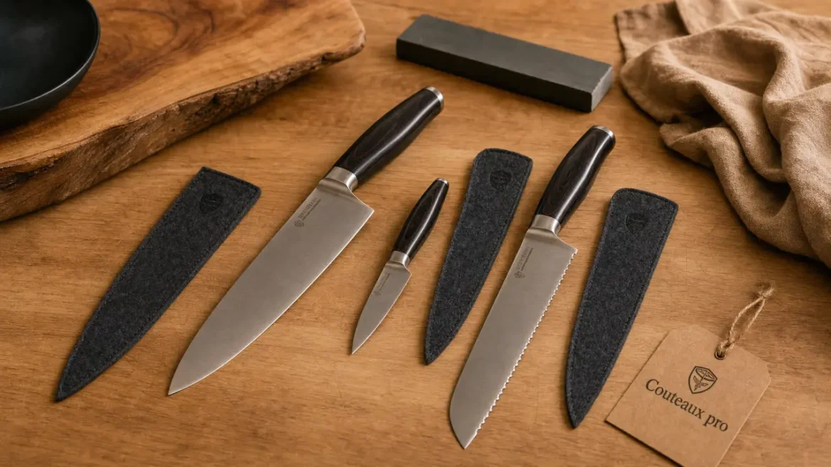 Couteaux professionnels de cuisine : choisir l’acier, l’équilibre et les erreurs à éviter Couteaux professionnels de cuisine : trois couteaux pro sur plan de travail bois clair