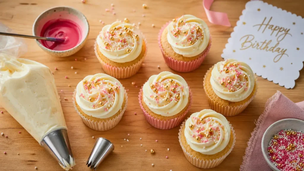 Decoration muffins : topping buttercream stable, sprinkles et perles en sucre sur muffins