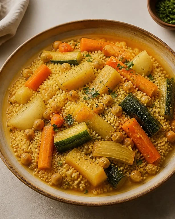 Recette couscous legumes recette servie dans un grand plat avec semoule, légumes et pois chiches