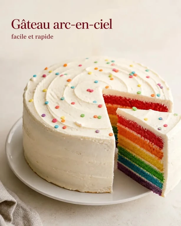 Recette gâteau arc-en-ciel facile et rapide, gâteau multicolore à la découpe sur assiette blanche