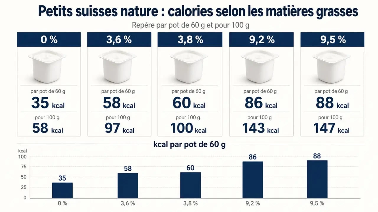 Calories dans un petit suisse : comparaison visuelle des apports par pot de 60 g et pour 100 g selon le taux de matières grasses