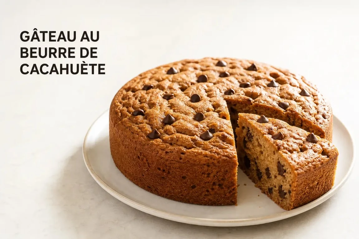 Recette gateau beurre de cacahuète moelleux servi sur une assiette avec des pépites de chocolat