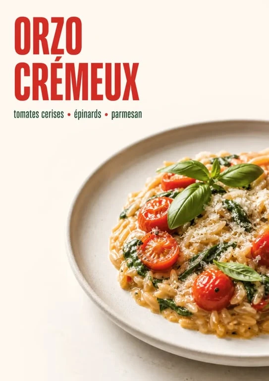 Recette orzo crémeux aux tomates, épinards et parmesan, dressé dans une assiette claire