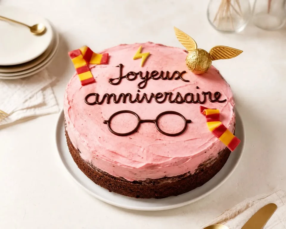 Recette gâteau Harry Potter facile avec glaçage rose, lunettes en chocolat et décor magique fait maison
