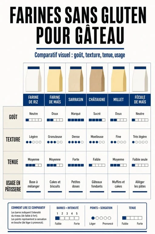 Infographie sur quelle farine sans gluten pour gâteau avec comparaison des farines de riz, maïs, sarrasin, châtaigne et millet