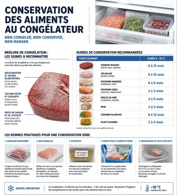 Infographie sur la sécurité alimentaire et la durée de conservation des aliments congelés