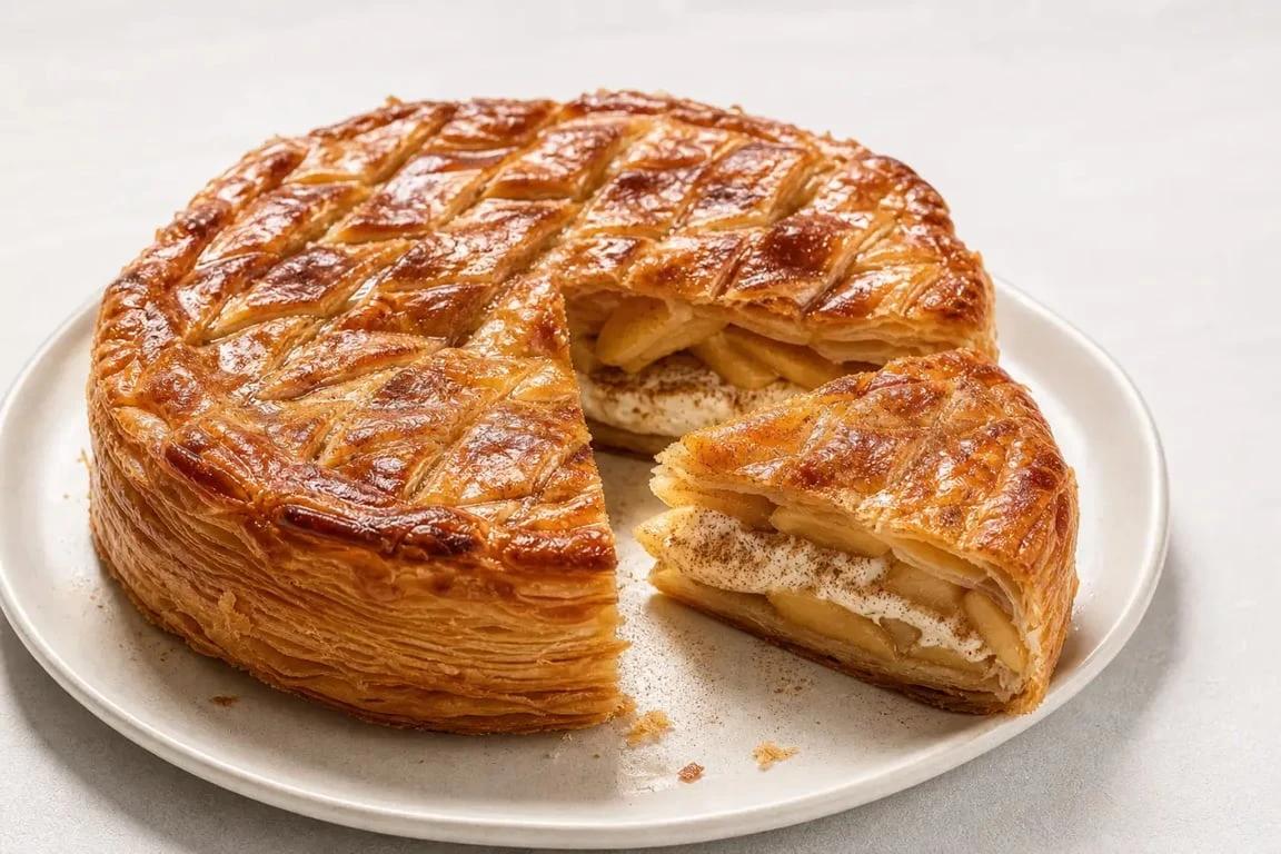 Recette gâteau avec pâte feuilletée facile aux pommes, crème et cannelle, doré et croustillant sur assiette