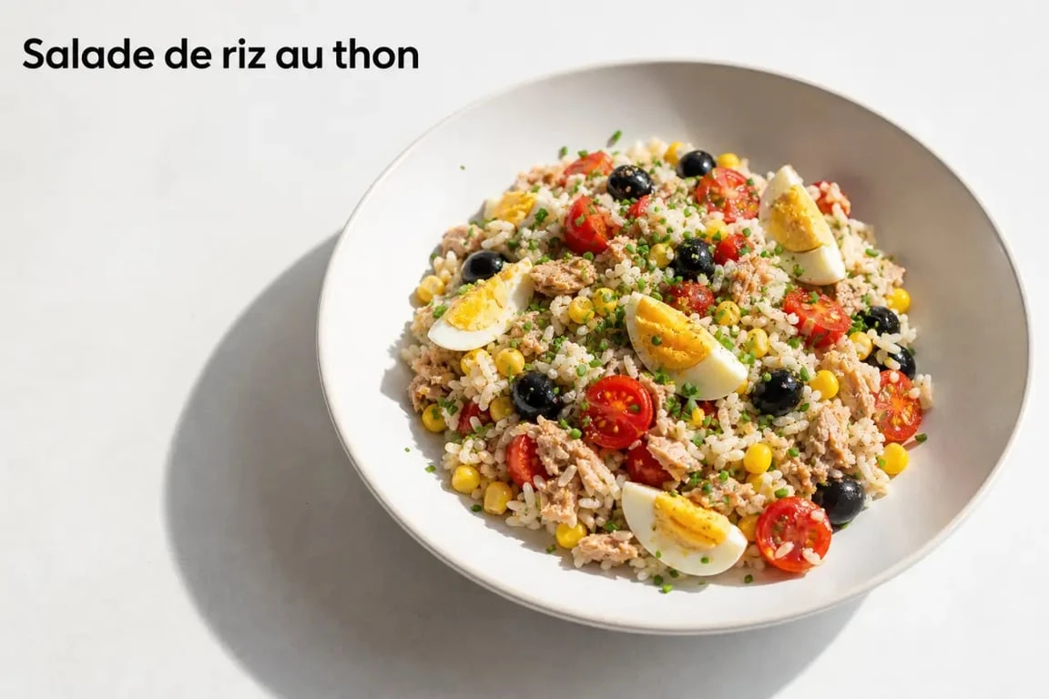 Recette salade de riz au thon servie fraîche dans un grand saladier avec tomates, œufs, maïs et olives