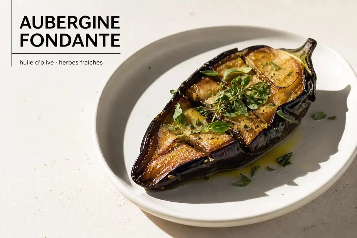 Aubergine fondante à la poêle servie dans une assiette, recette d'aubergine fondante à la poêle