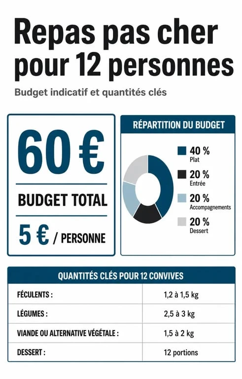 Infographie repas pas cher pour 12 personnes avec budget, quantités et répartition des dépenses