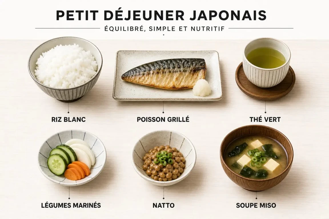 Petit déjeuner traditionnel japonais avec riz, soupe miso, poisson grillé et petits accompagnements