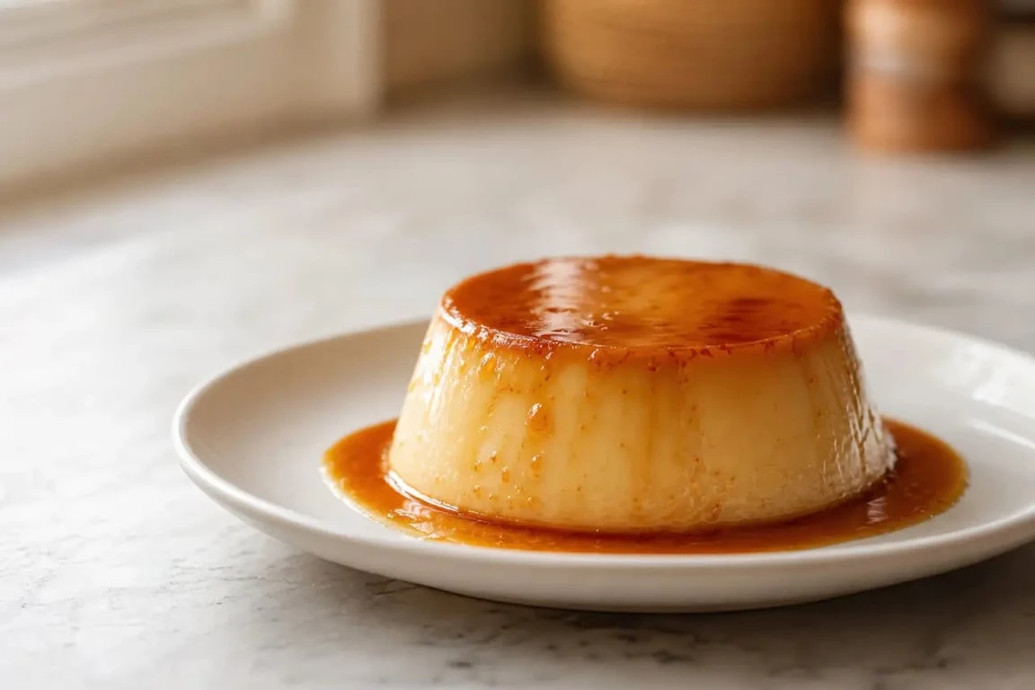 Recette crème caramel grand-mère démoulée et nappée de caramel sur une assiette simple