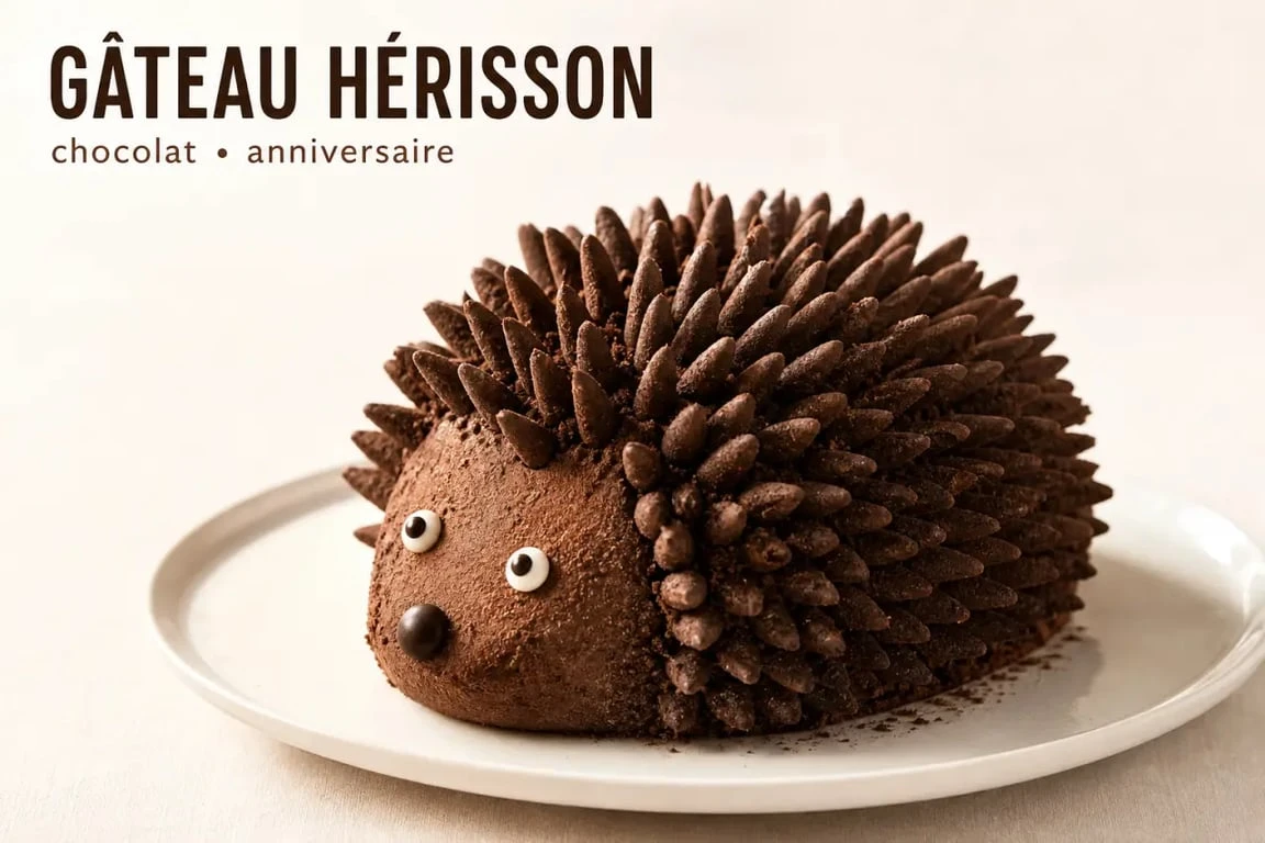 Recette gâteau hérisson facile au chocolat décoré avec des biscuits et des bonbons sur un plat de fête
