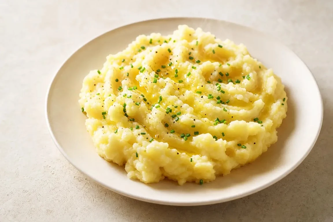 Ecrase de pomme de terre rustique et gourmand, dressé dans une assiette avec ciboulette