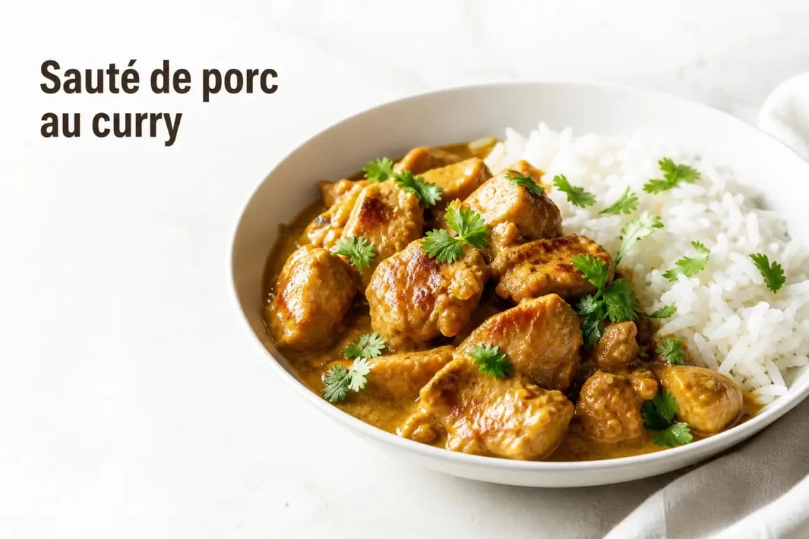 Recette sauté de porc curry dans une assiette avec riz basmati et sauce au lait de coco