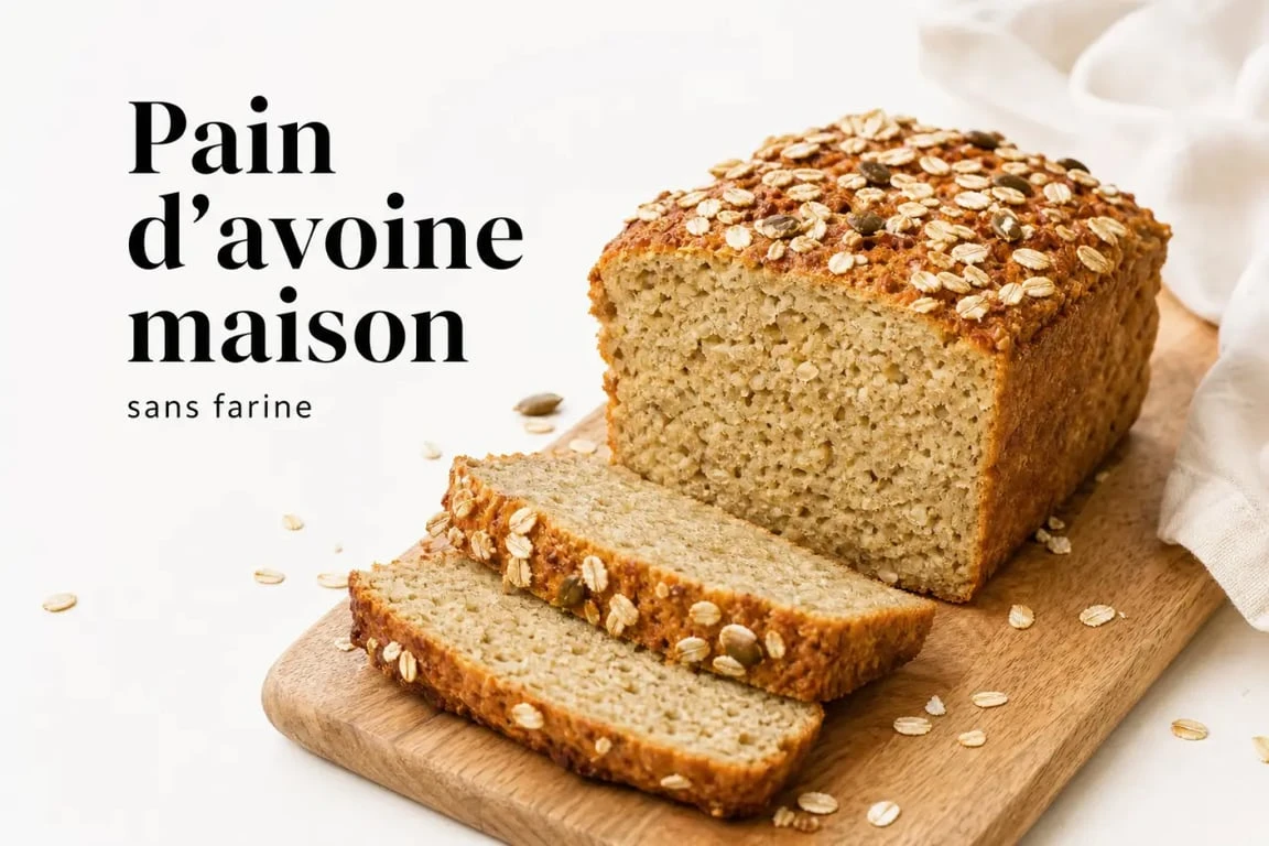 Recette pain flocon d'avoine sans farine tranché sur planche en bois