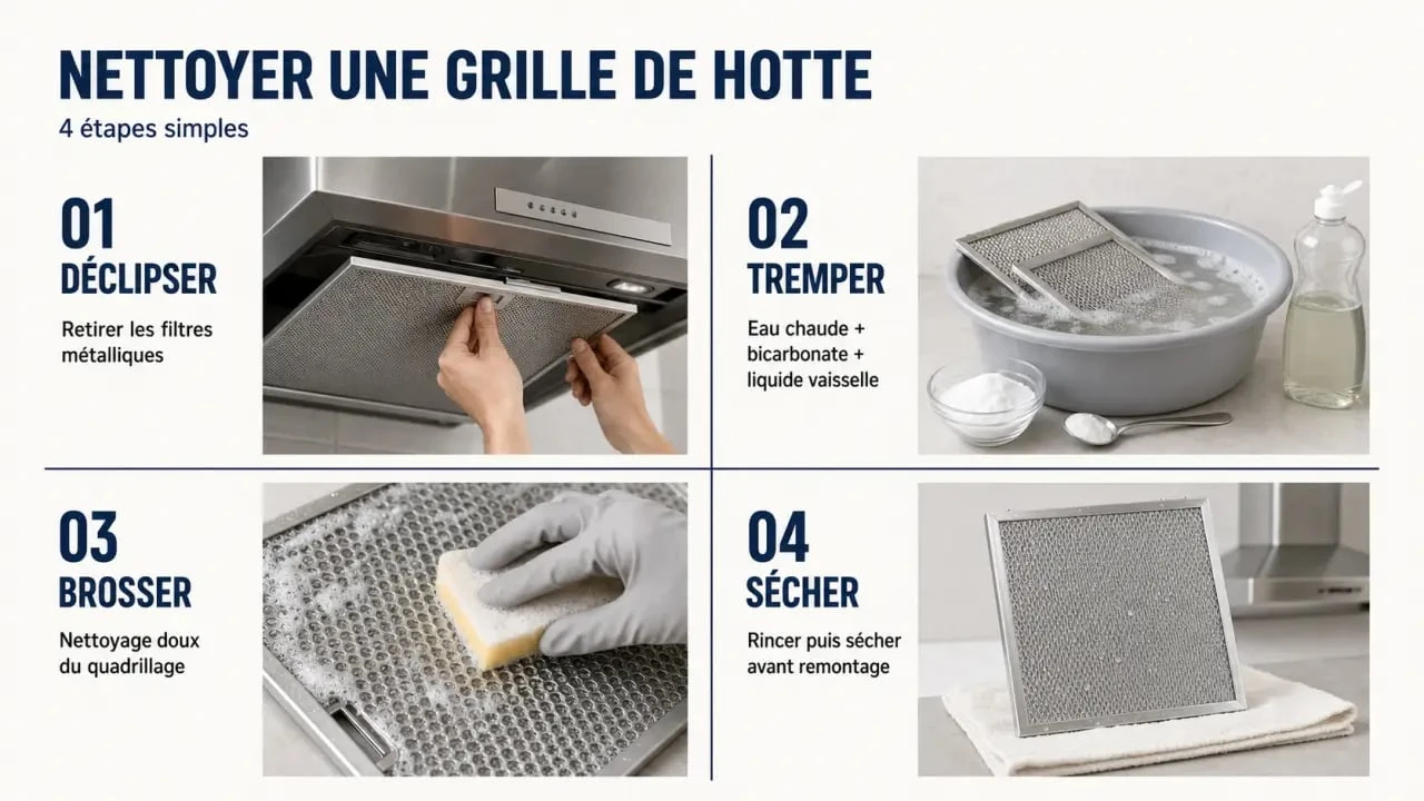 Nettoyage grille hotte en quatre étapes avec trempage, brossage doux, rinçage et séchage