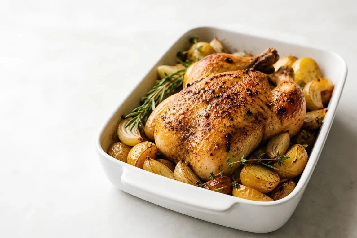 Coquelet au four doré et croustillant servi avec pommes de terre rôties