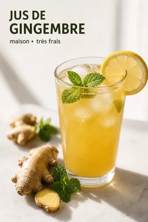 Recette du jus de gingembre maison servi bien frais avec citron et menthe