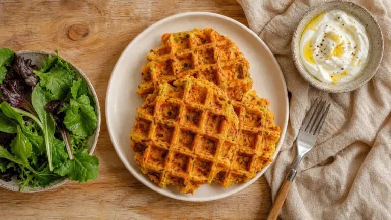 Carottes râpées, fromage et gaufrier chaud : la recette des gaufres salées croustillantes dehors, moelleuses dedans Gaufres aux carottes salées croustillantes, fromage et salade