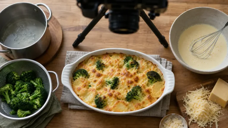 Gratin brocoli pomme de terre : 200°C, légumes précuits et fromage bien doré Gratin brocolie pomme de terre doré, croûte fromagère
