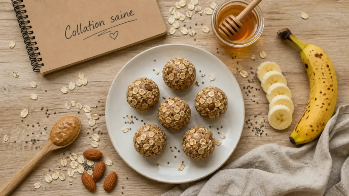Collations saines : protéines, fibres et pièges du grignotage à éviter Idées de collations saines : energy balls avoine-bananes-amandes, protéines et fibres