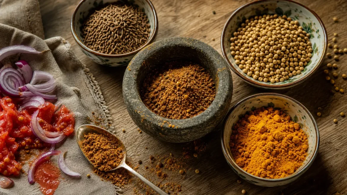 Massala et épices en poudre (cumin, coriandre, curcuma) sur table en bois