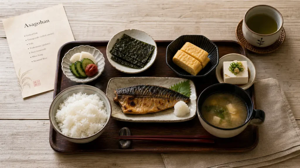 Petit déjeuner traditionnel japonais : riz, miso, poisson grillé, tamagoyaki