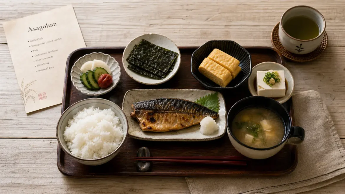 Petit déjeuner traditionnel japonais : un repas salé, complet et rassasiant Petit déjeuner traditionnel japonais : riz, miso, poisson grillé, tamagoyaki