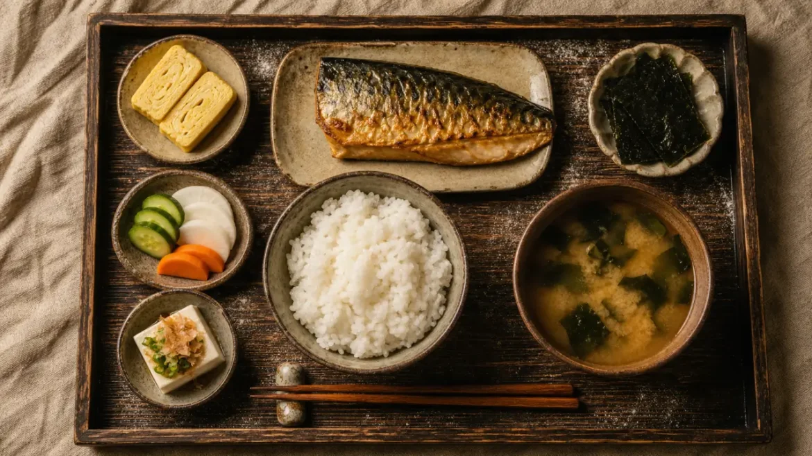Petit déjeuner traditionnel japonais : riz, soupe miso et poisson grillé