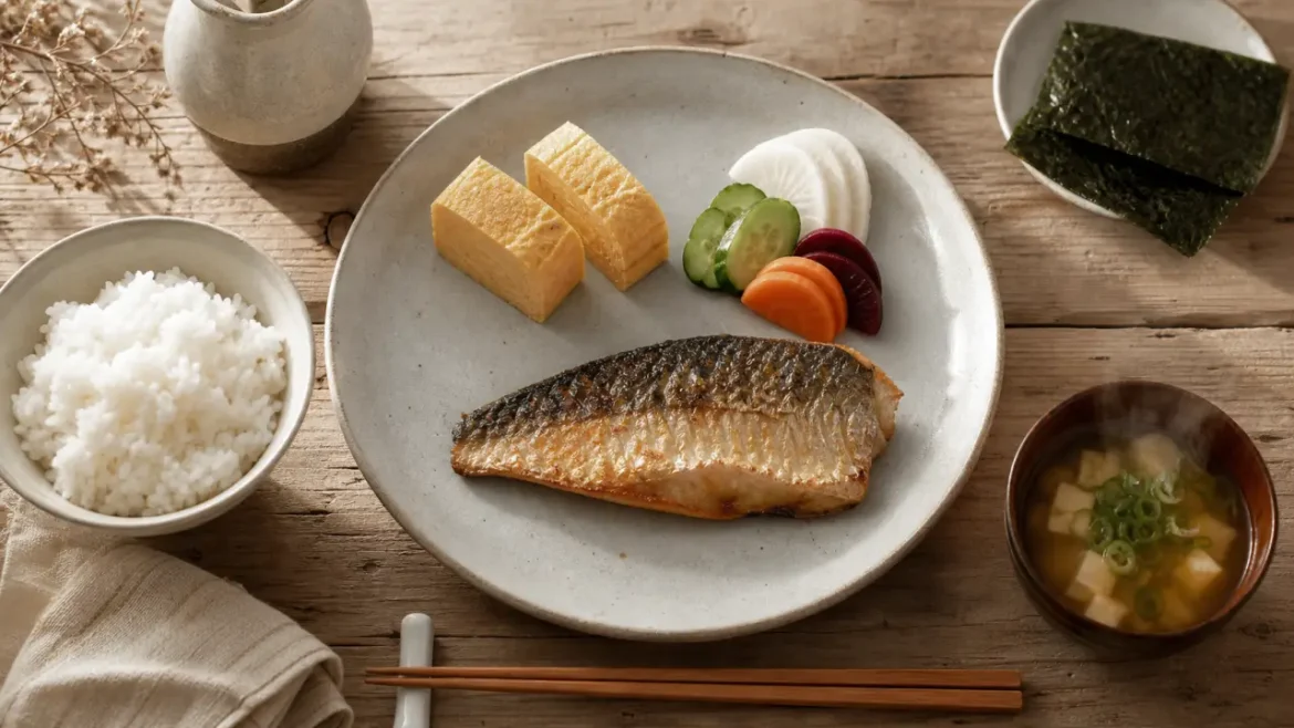 Petit déjeuner traditionnel japonais : riz, miso, poisson grillé, tamagoyaki