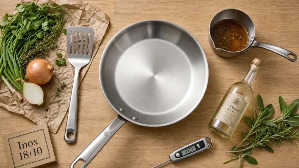 Poele inox 18/10 quelle marque : vue de poele Cristel, Beka, Mathon ou Atma