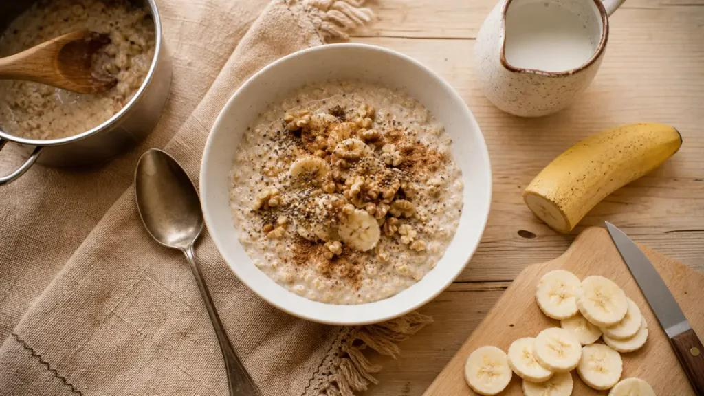 Recette flocon d'avoine petit déjeuner banane-cannelle, porridge chaud ou préparé la veille