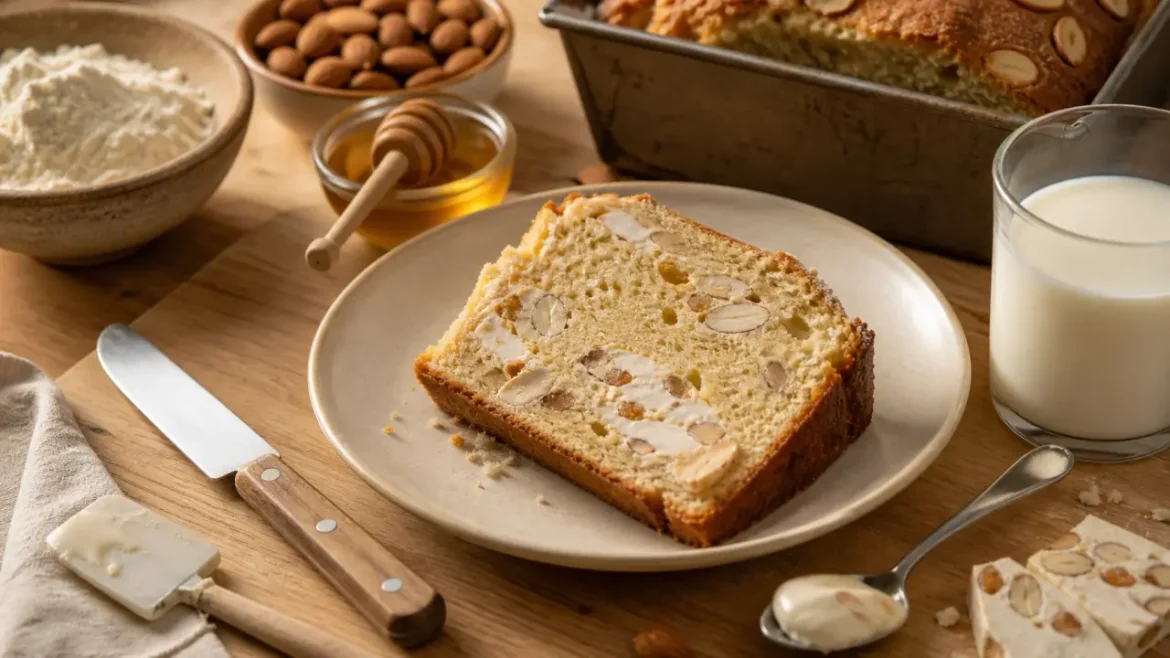Gâteau au nougat moelleux : la recette facile en 15 min avec un moule à cake Tranche de gâteau au nougat moelleux, recette de gâteau au nougat facile