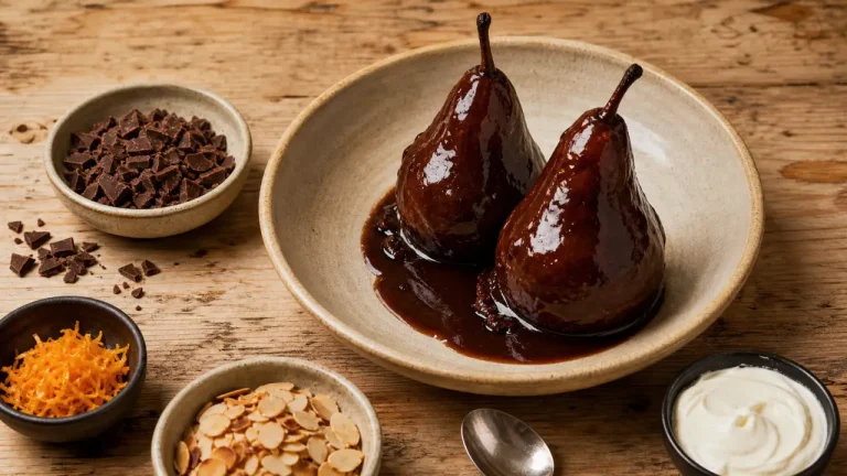Poires au chocolat : 35 minutes, des poires fermes et une sauce nappante Recette des poires au chocolat : poires pochées nappées de sauce chocolat
