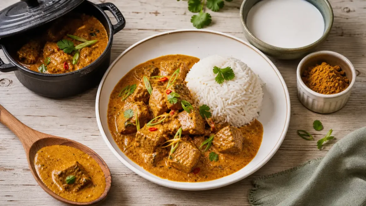 40 minutes de mijotage pour un sauté de porc au curry tendre et parfumé Recette sauté de porc curry au lait de coco, cubes de porc et riz
