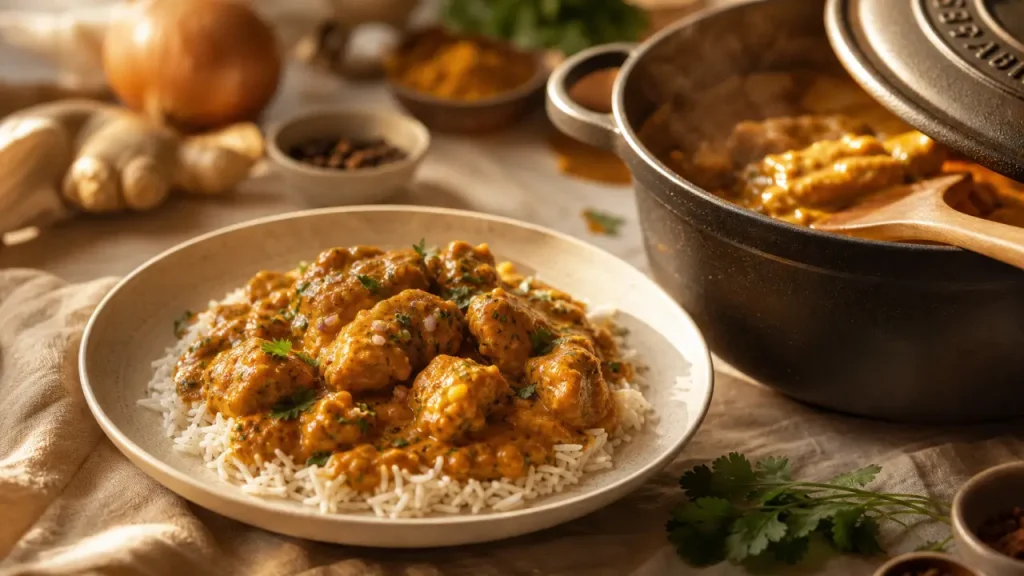 Recette sauté de porc curry, porc mijoté et sauce lait de coco, riz basmati.
