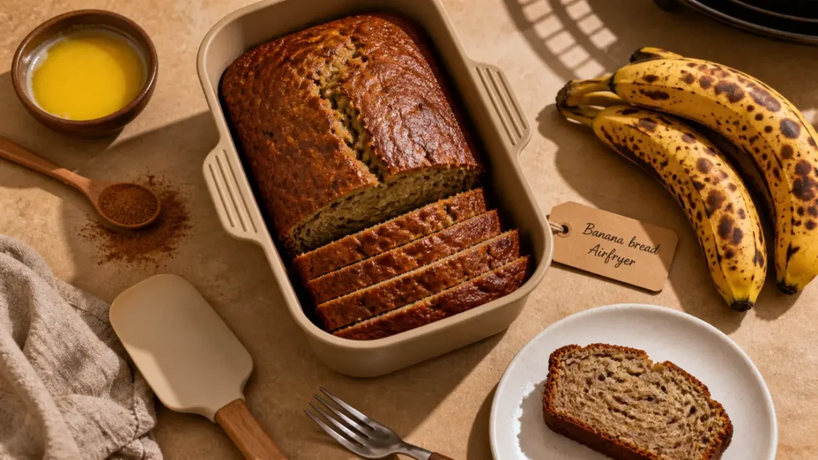 Banana bread air fryer moelleux, tranches dorées, moule silicone, bananes très mûres