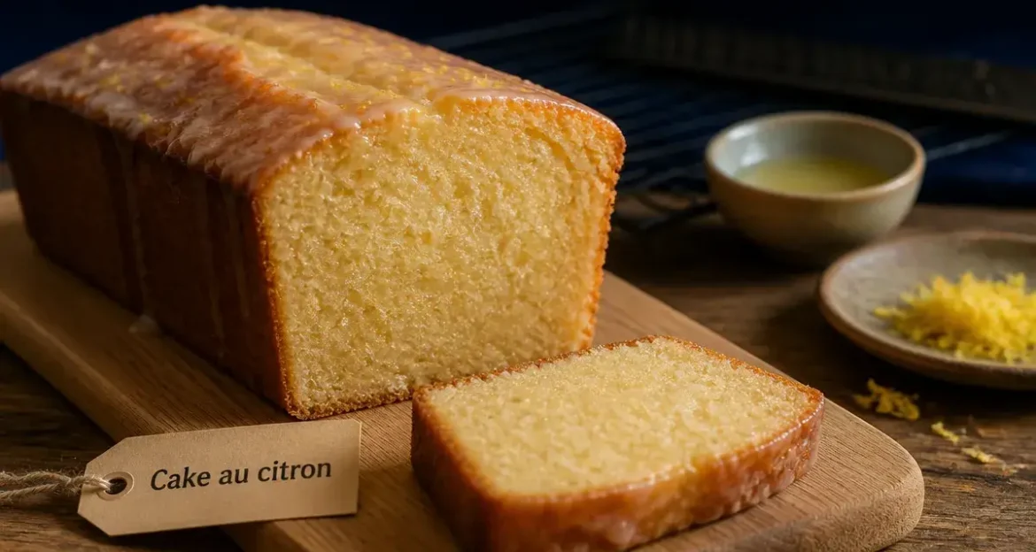 Cake Pierre Hermé : les secrets de texture et la recette signature Cake pierre hermé au citron, tranche sur planche en chêne