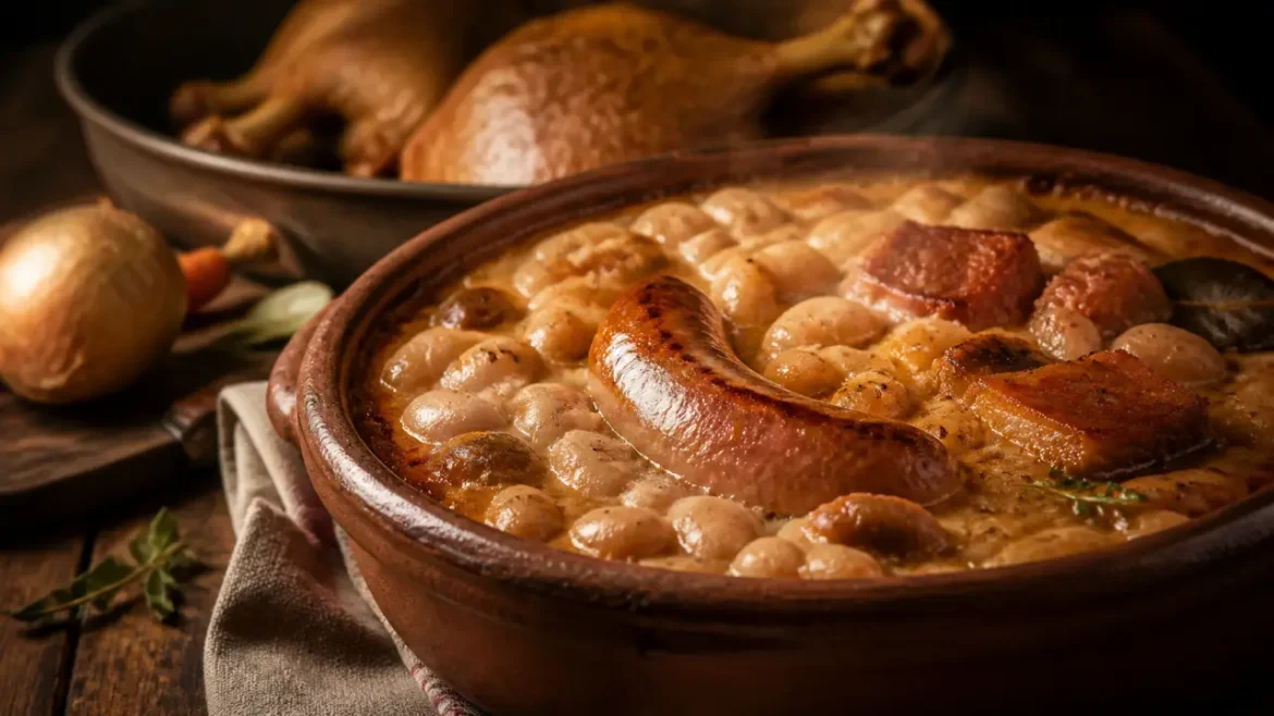 Cassoulet de castelnaudary recette : cassole fumante, haricots entiers, saucisse de Toulouse
