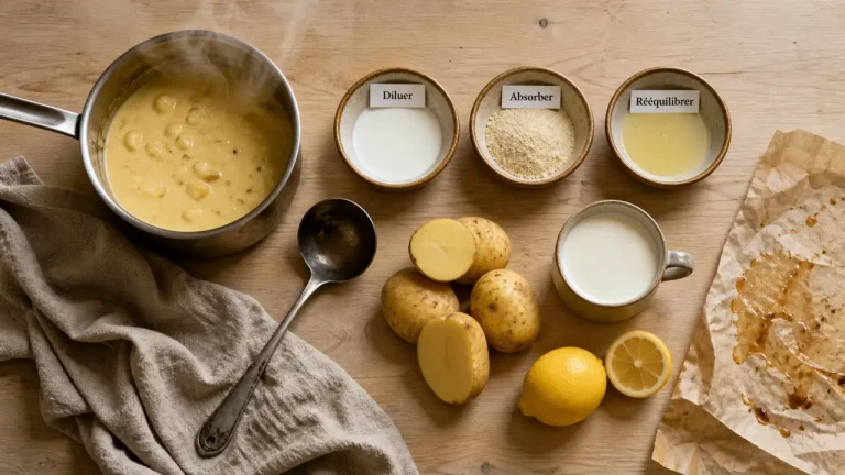 Plat trop salé : les bons gestes selon la soupe, la sauce ou le mijoté Comment rattraper un plat trop salé : soupe, sauce, mijoté, diluer et absorber