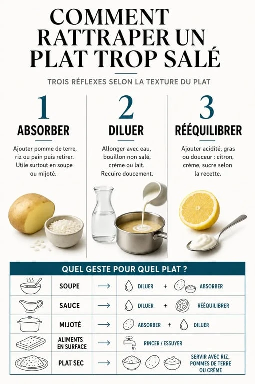Comment rattraper un plat trop salé avec une synthèse visuelle des méthodes pour soupe, sauce et mijoté