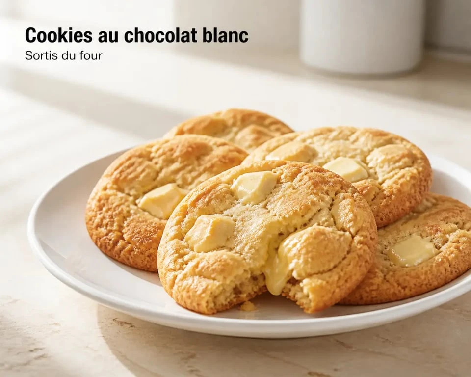 Cookie chocolat blanc moelleux et doré présenté sur une assiette blanche