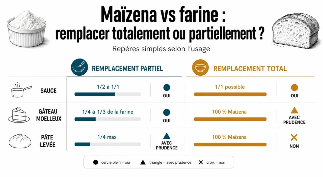 Remplacer la farine par la maïzena : comparaison visuelle entre remplacement total et partiel selon les recettes